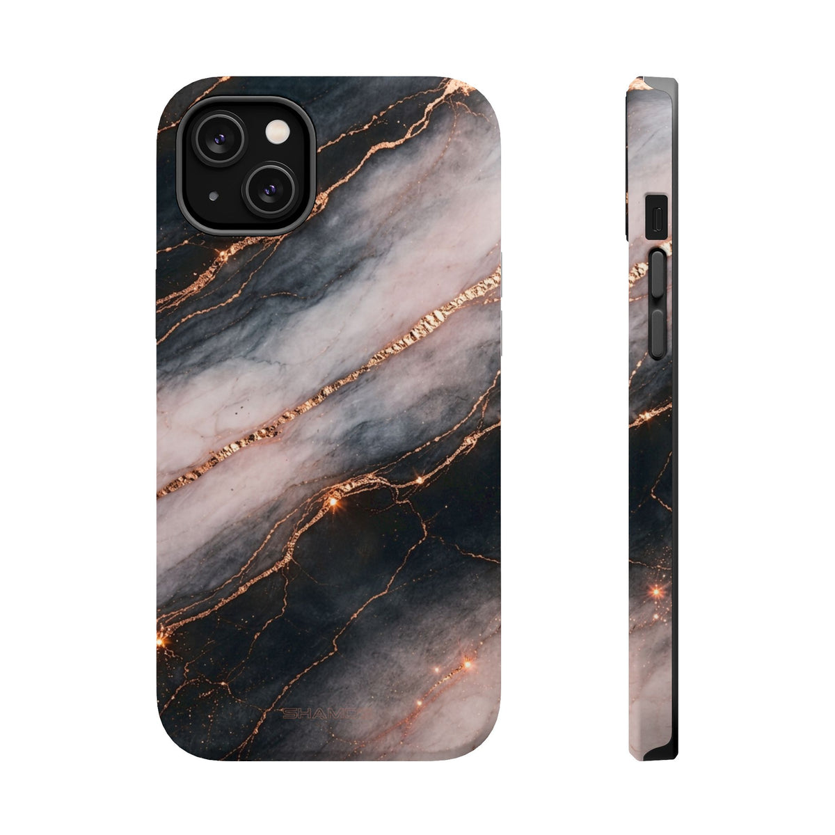 Marbled Black & Rose Gold Magnetic MagSafe Compatible Phone Case — Impact-Resistant