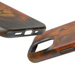 Brown wood grain phone case shown in two sizes, with precise cutouts and side button
