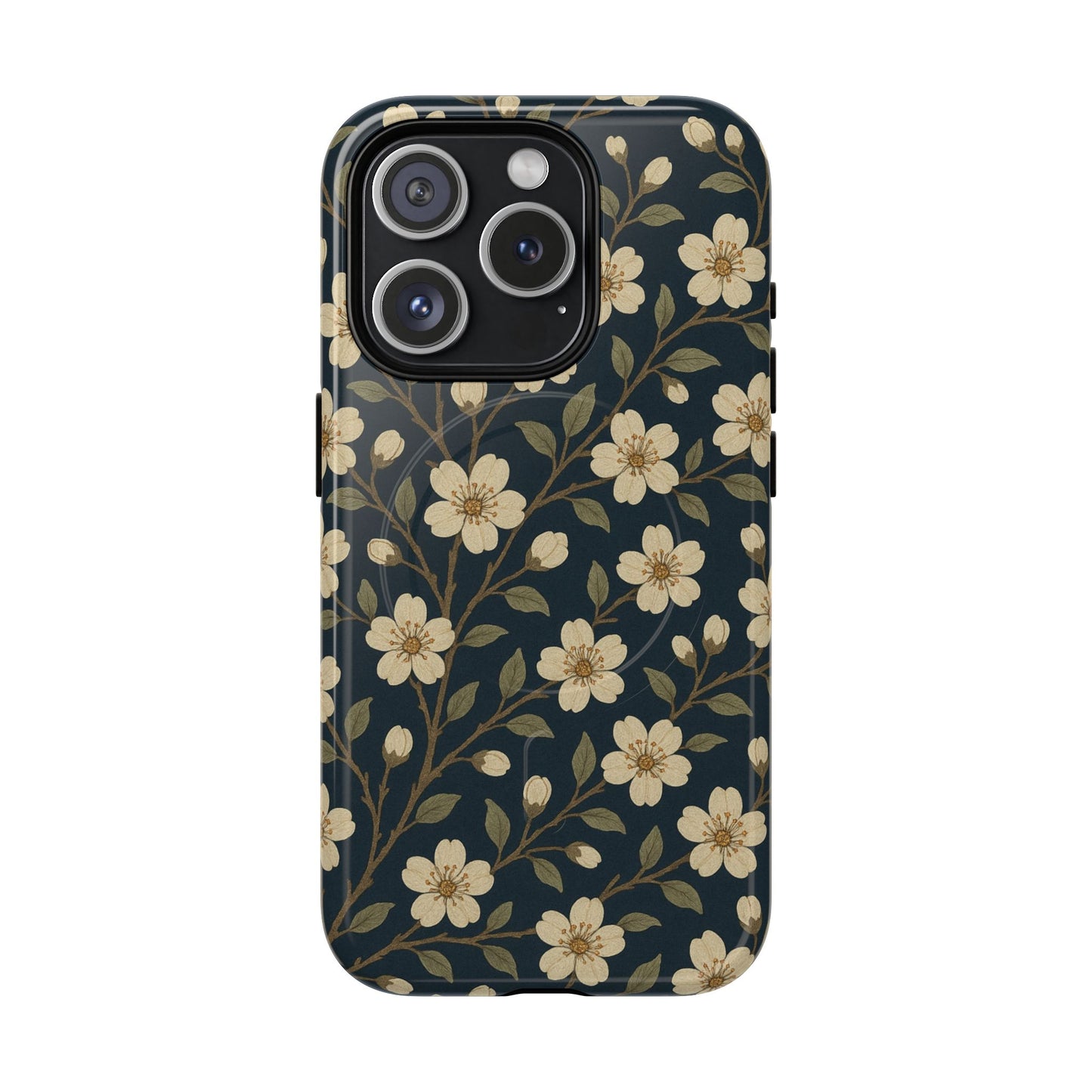 Navy Cherry Blossom Floral iPhone Case - Compatible with MagSafe
