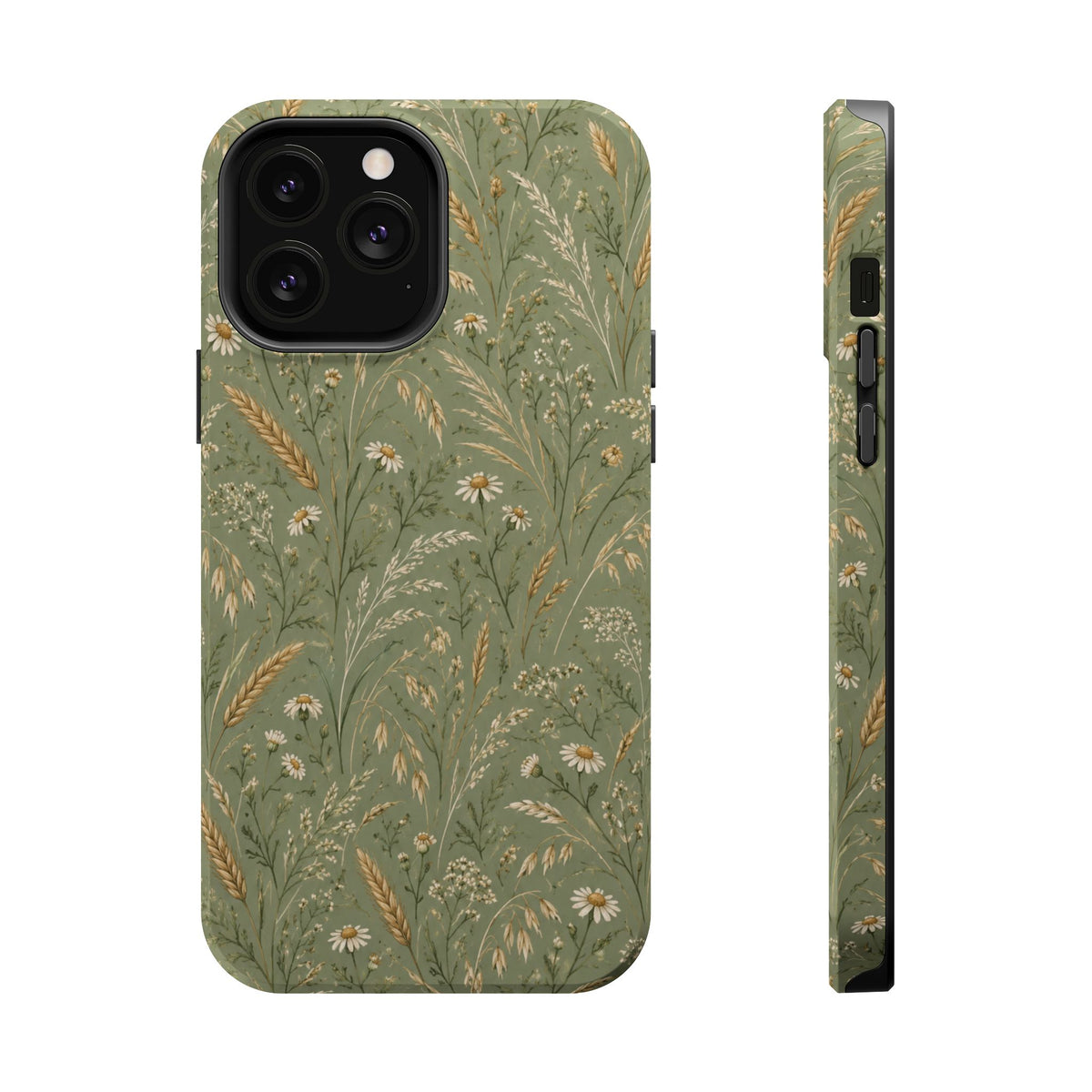 Golden Meadow – Sage Green Wildflower MagSafe Phone Case, glossy iPhone 13 Pro Max, rear and side profile