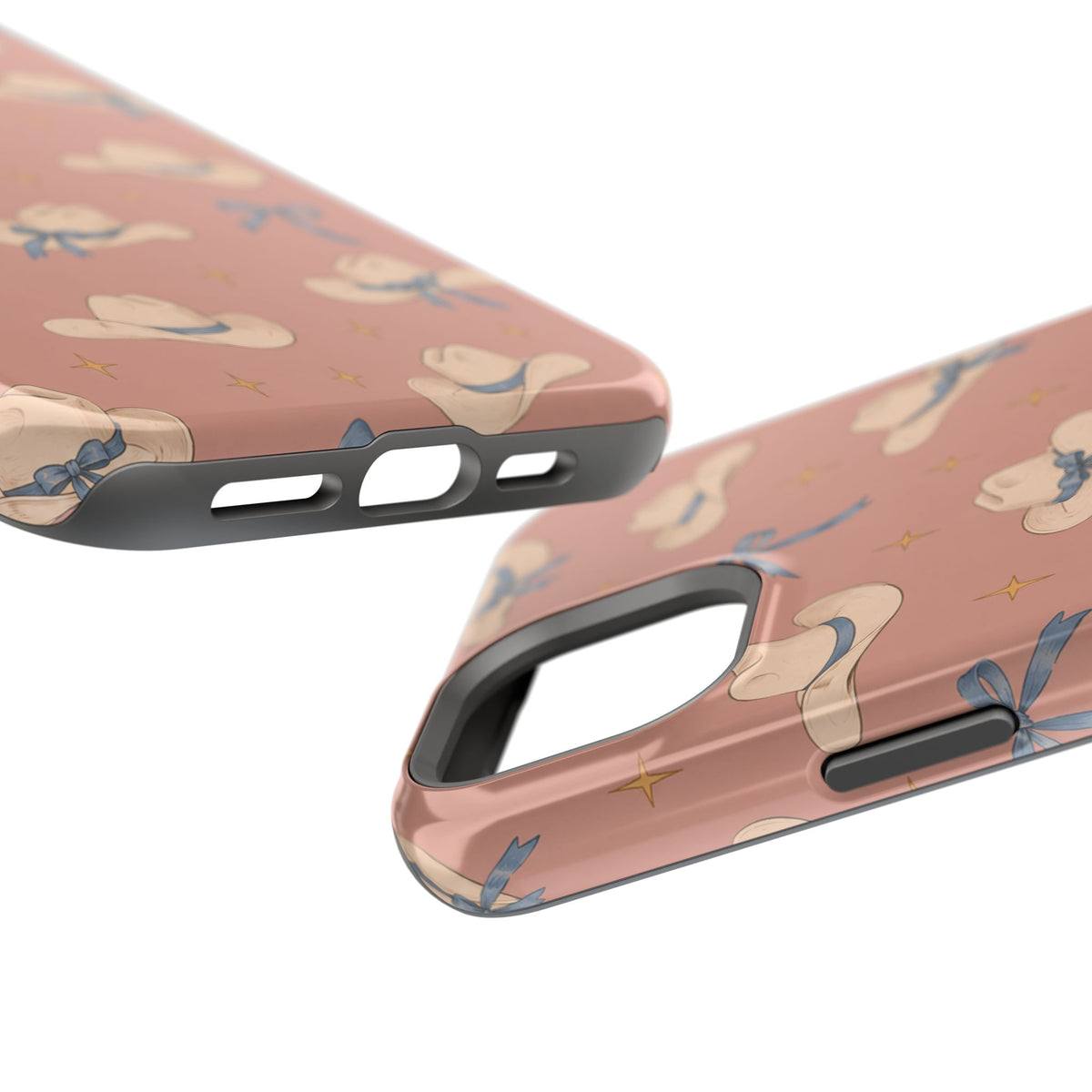 Ribbon Rodeo – Cowgirl Hat and Bow MagSafe Phone Case, Pink, glossy diagonal dual-camera model, port openings and edge details