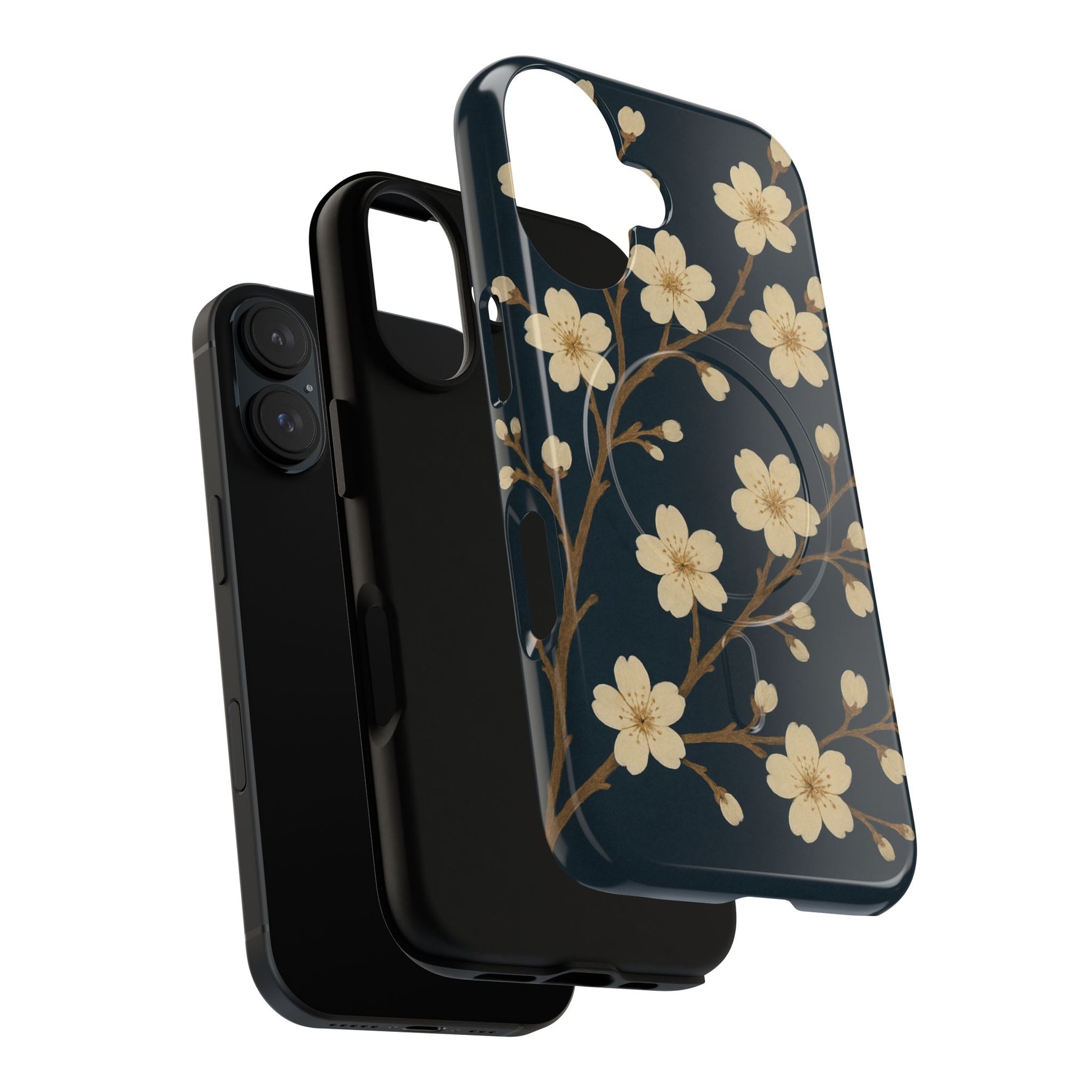 Navy Cherry Blossom Floral iPhone Case - Compatible with MagSafe - Shamo's