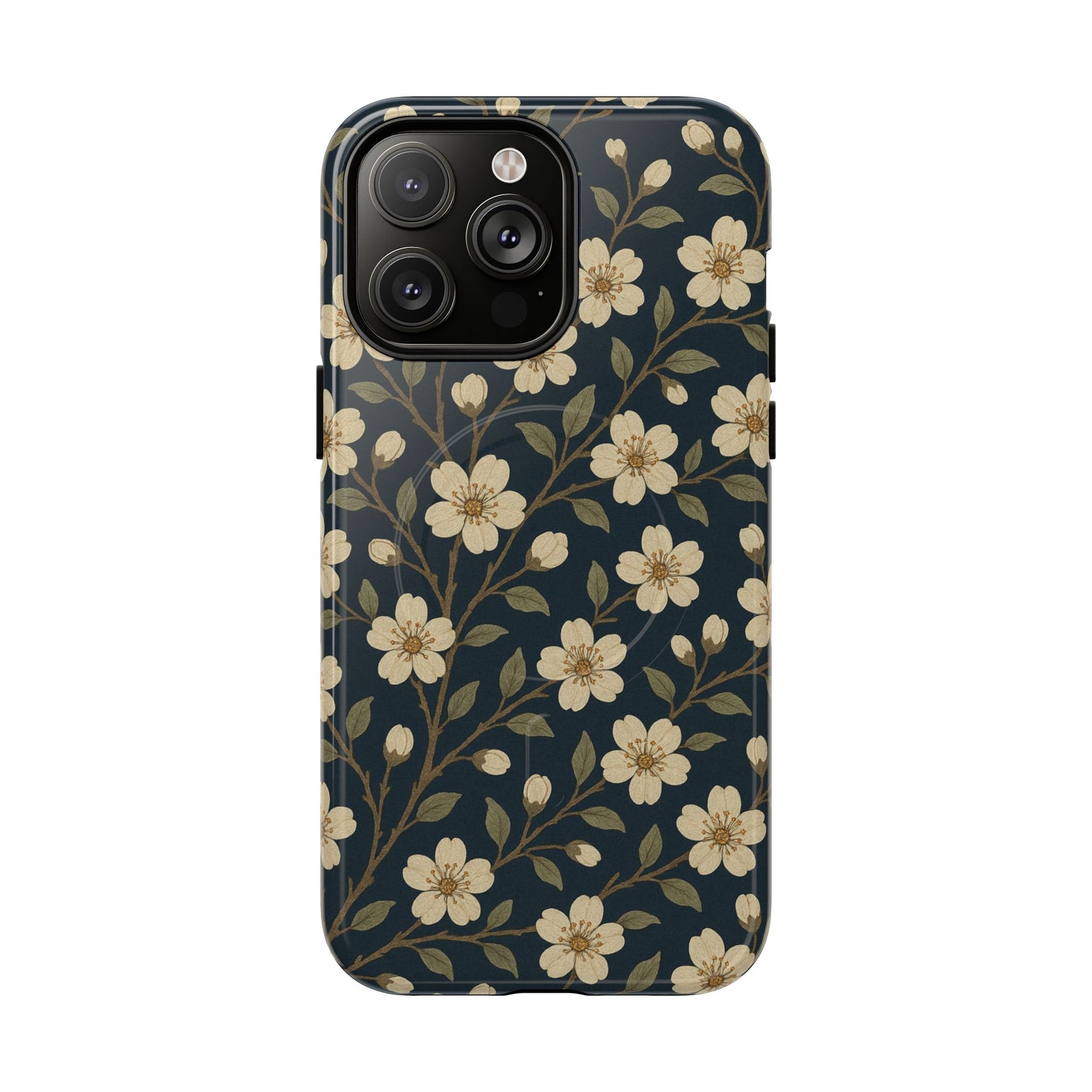 Navy Cherry Blossom Floral iPhone Case - Compatible with MagSafe - Shamo's
