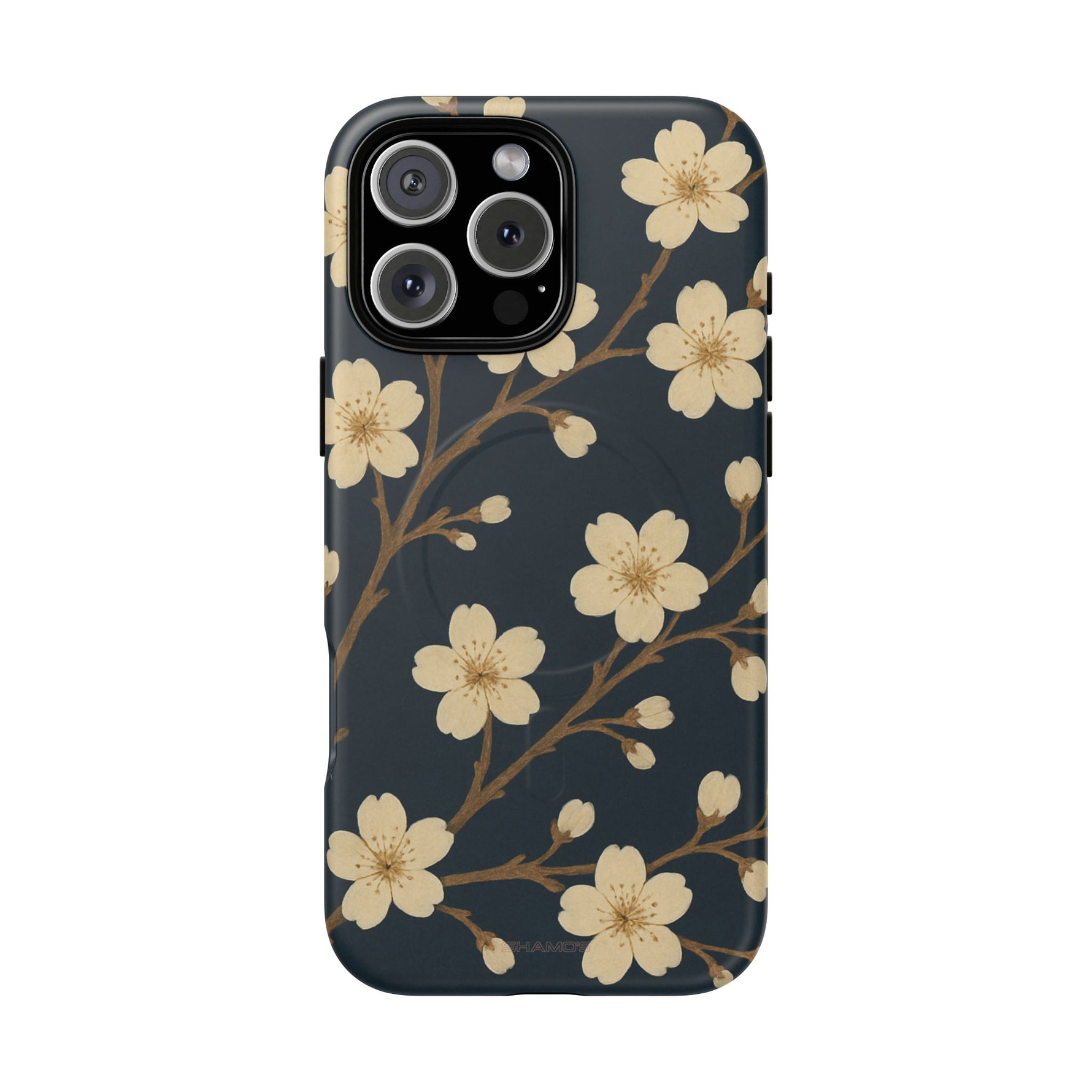Navy Cherry Blossom Floral iPhone Case - Compatible with MagSafe