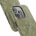 Golden Meadow – Sage Green Wildflower MagSafe Phone Case, glossy square triple-camera Pro model, camera and side-button close-up