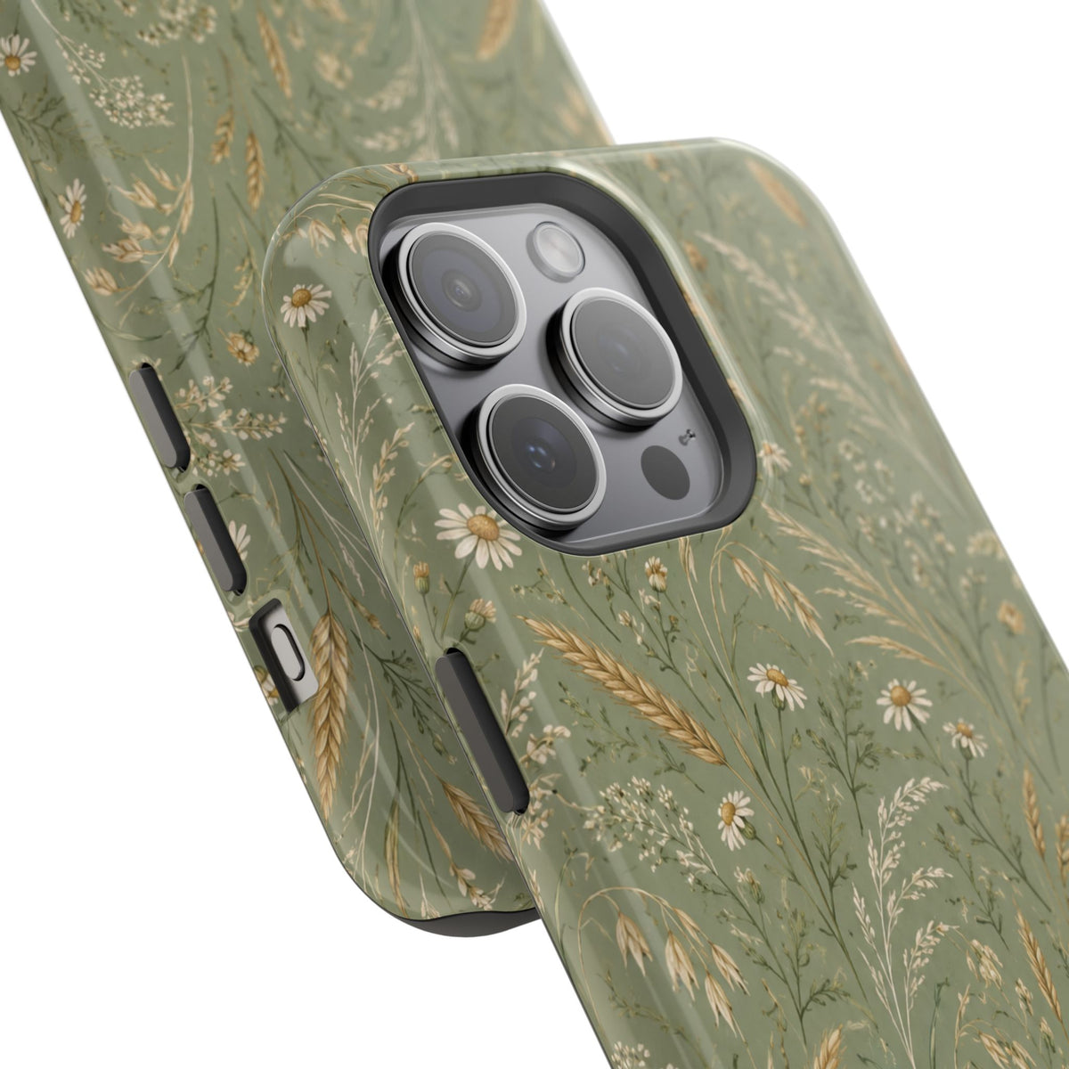 Golden Meadow – Sage Green Wildflower MagSafe Phone Case, glossy square triple-camera Pro model, camera and side-button close-up