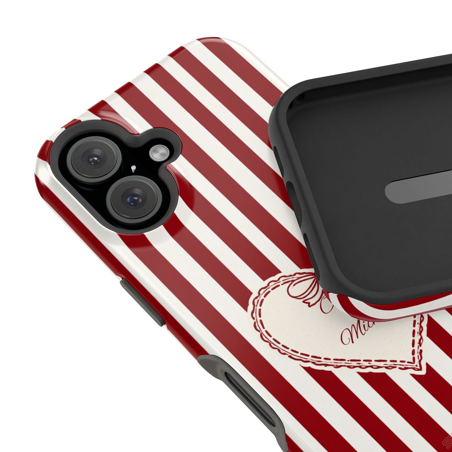 Funda personalizada a rayas — Diseño de corazón rojo y blanco (nombres personalizados)