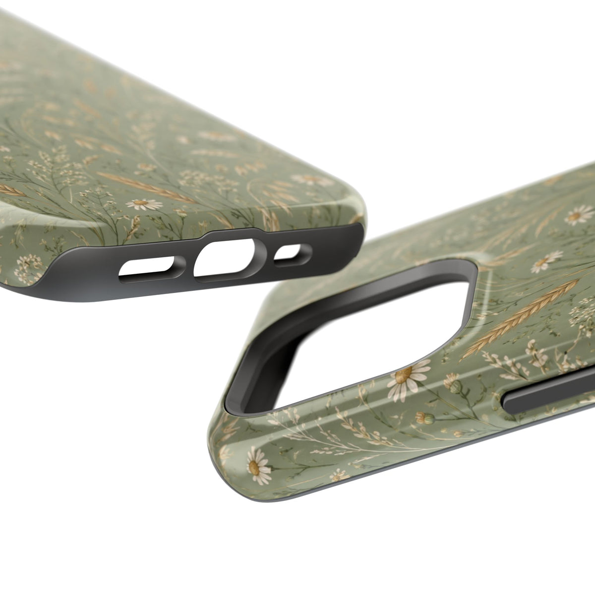 Golden Meadow – Sage Green Wildflower MagSafe Phone Case, glossy square triple-camera Pro model, port openings and edge details