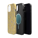 Honey Paisley MagSafe Phone Case, glossy diagonal dual-camera model, exploded shell and liner with magnetic ring