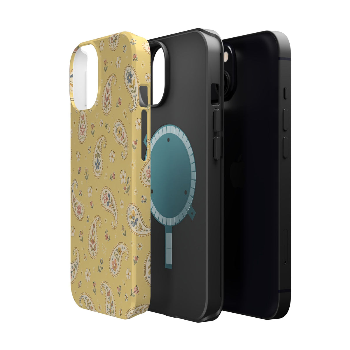 Honey Paisley MagSafe Phone Case, glossy diagonal dual-camera model, exploded shell and liner with magnetic ring