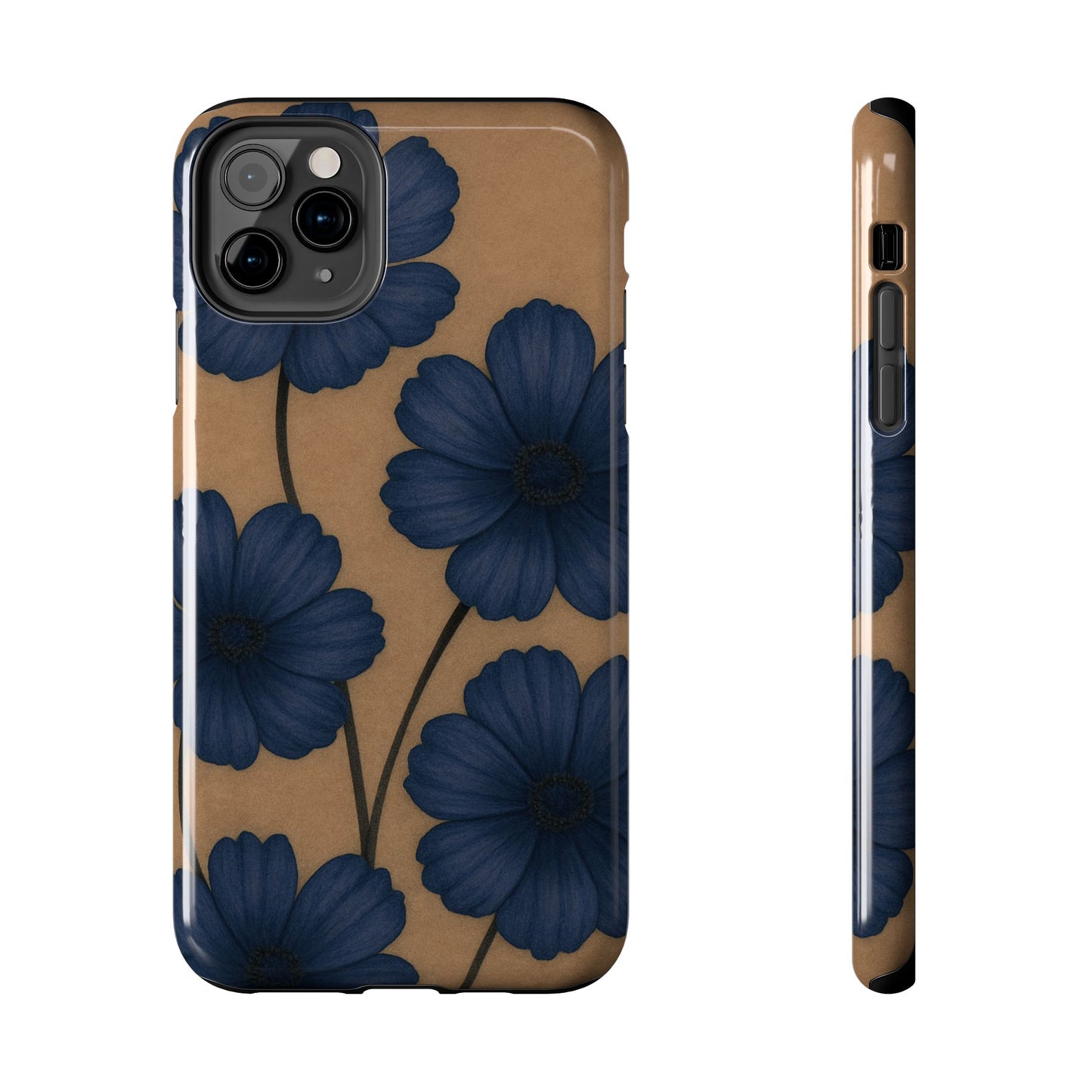 Navy Floral Tough iPhone Case — Durable Protective Case with Blue Flowers on Kraft Background