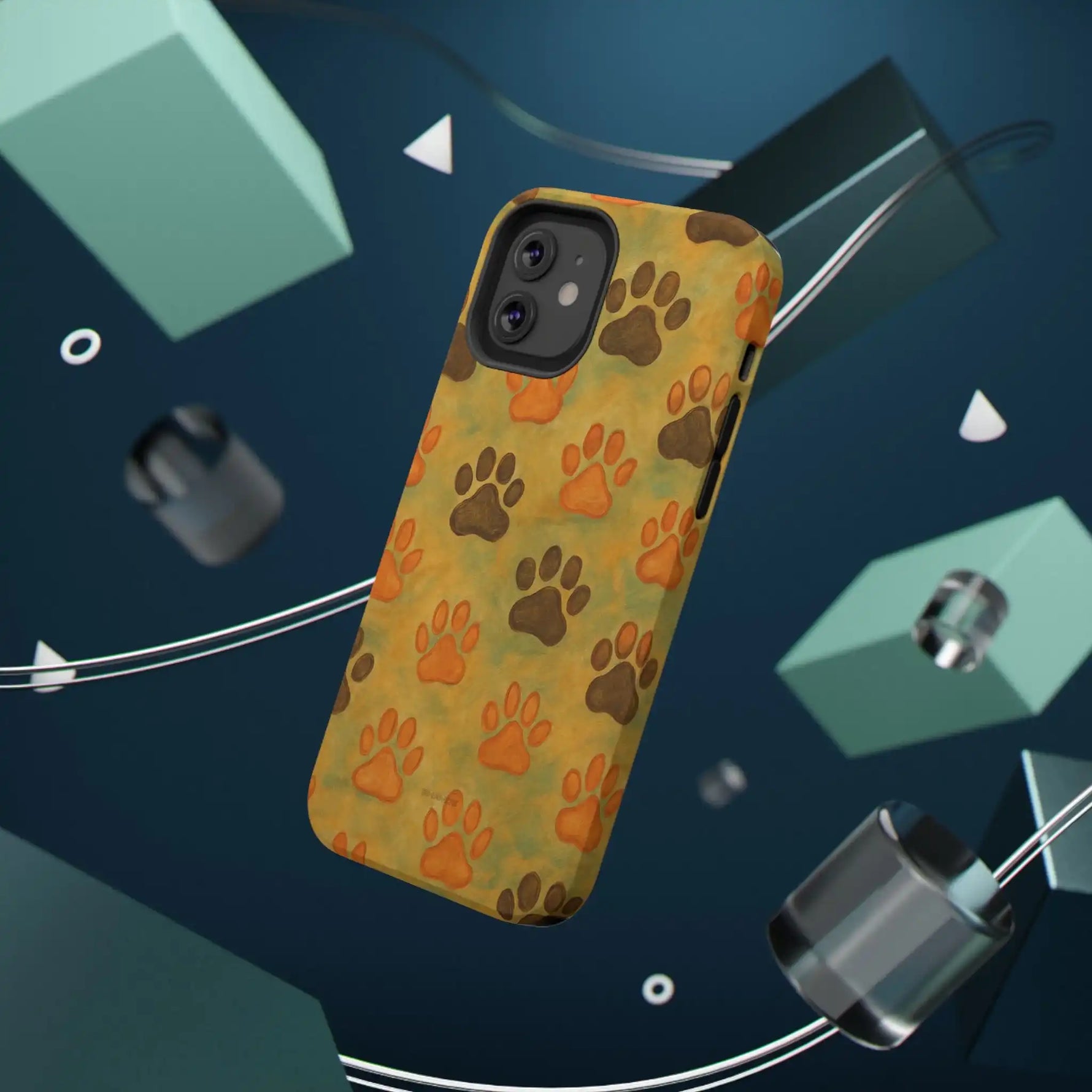 iPhone case with brown and orange paw prints pattern, shown in a floating 3D scene, variant size