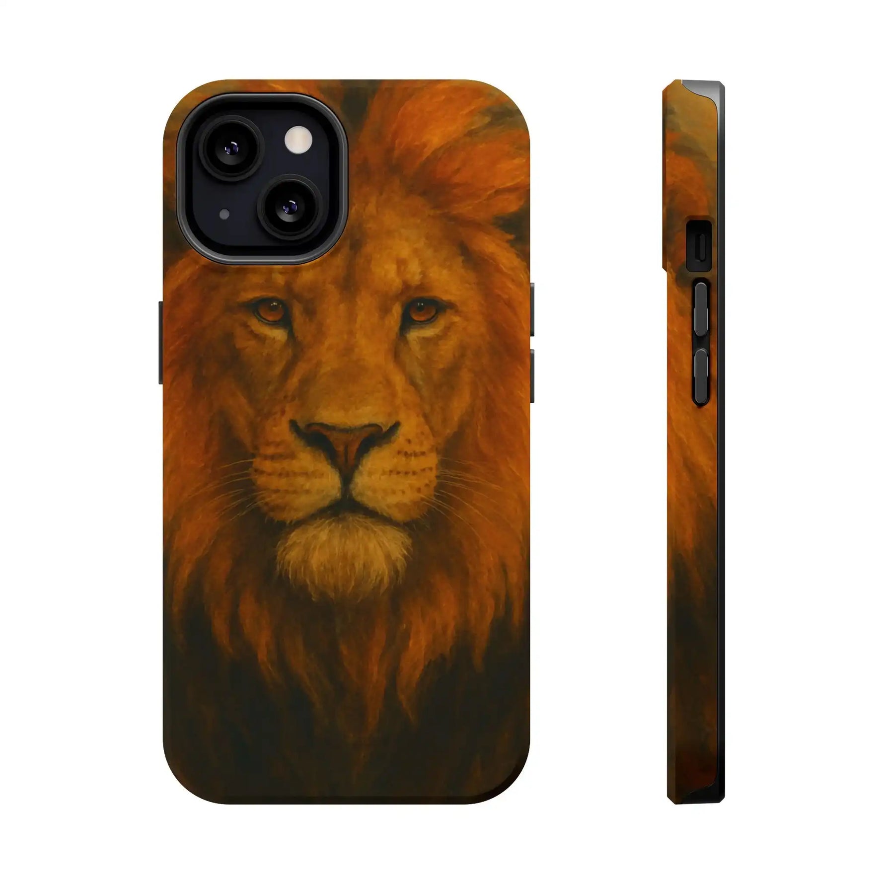 Close-up of iPhone case with detailed lion face print shown in front and side views, variant size visible