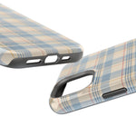 Ranch Check – Blue and Cream Plaid MagSafe Phone Case, glossy diagonal dual-camera model, port openings and edge details