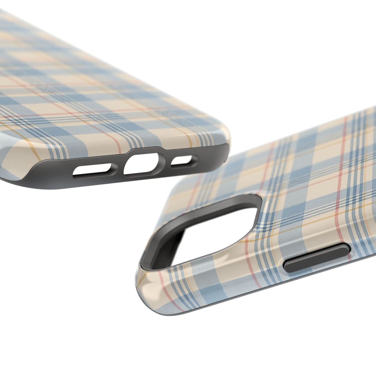 Ranch Check – Blue and Cream Plaid MagSafe Phone Case, glossy diagonal dual-camera model, port openings and edge details