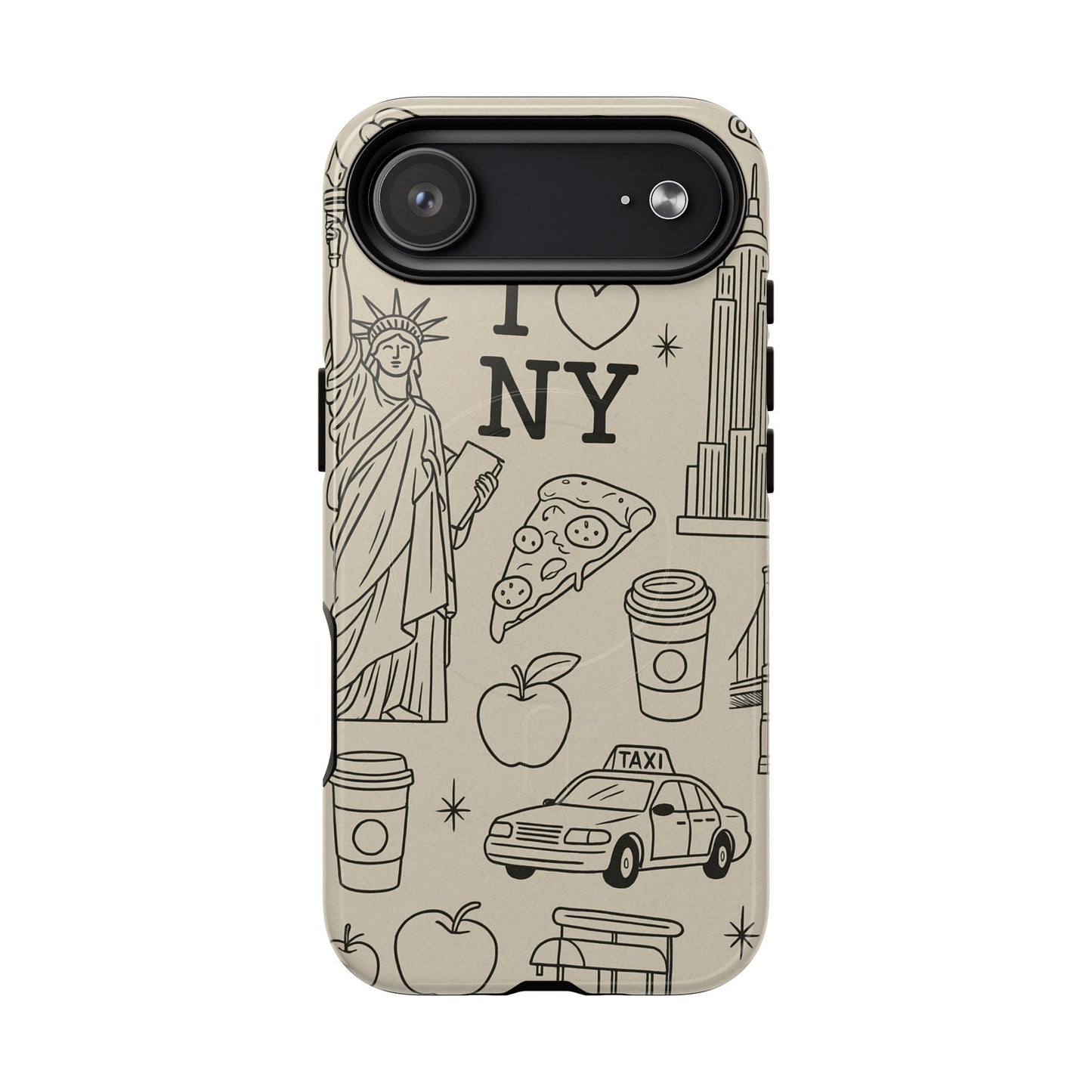 NY City Icons Tough iPhone Case — Statue of Liberty, Pizza & Taxi Pattern | Compatible with MagSafe