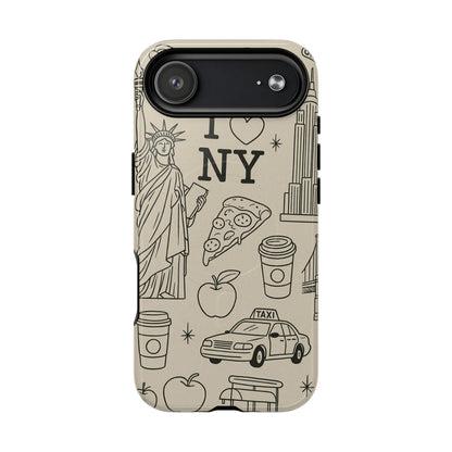 NY City Icons Tough iPhone Case — Statue of Liberty, Pizza & Taxi Pattern | Compatible with MagSafe
