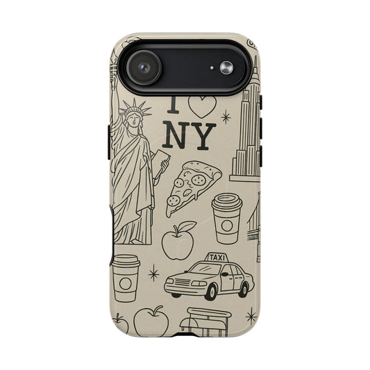 NY City Icons Tough iPhone Case — Statue of Liberty, Pizza & Taxi Pattern | Compatible with MagSafe