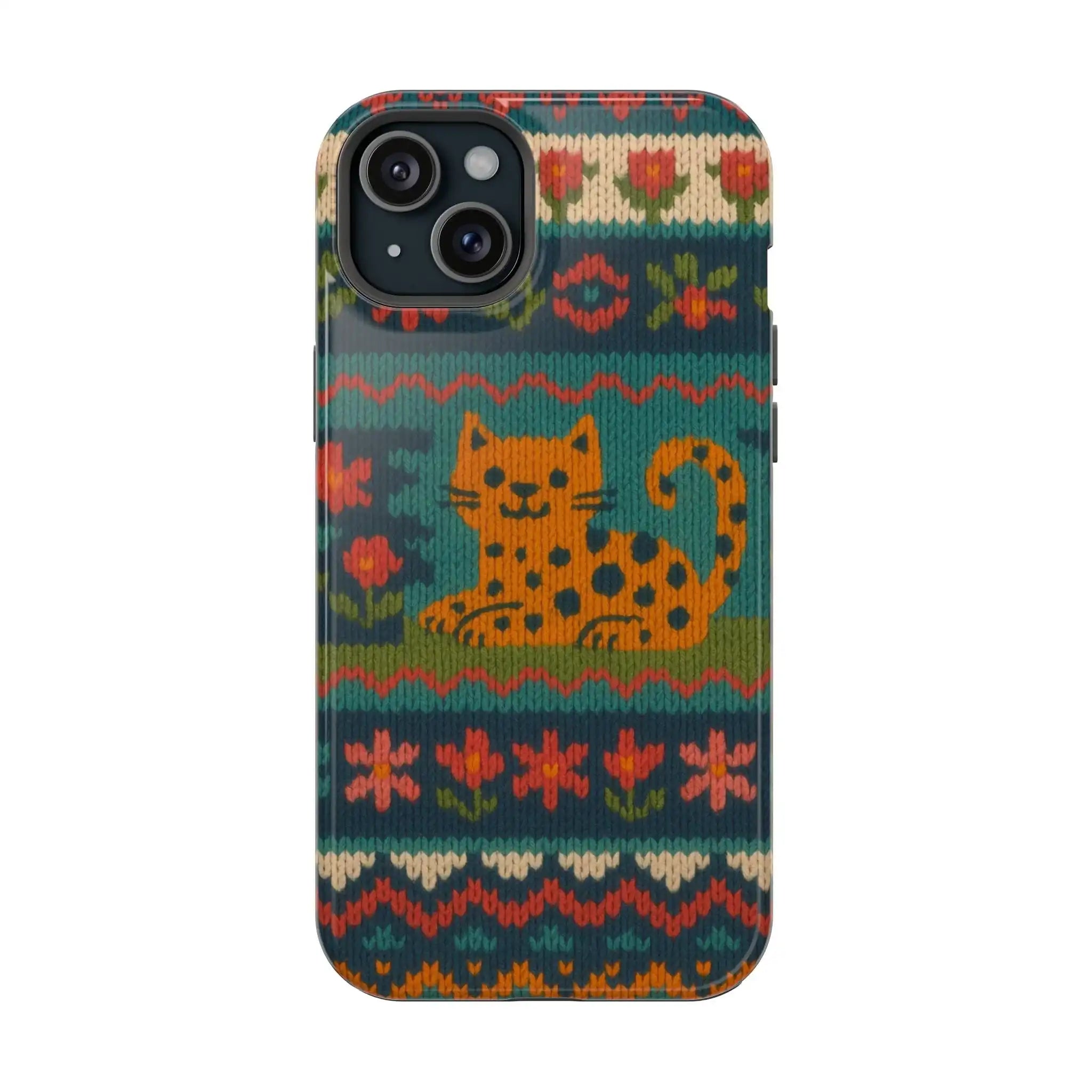 Cozy Knit Leopard Pattern Sweater Holiday Theme iPhone Case with MagSafe compatibility  Shamo's iPhone 15 Plus / Glossy