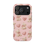 Pink Teddy Hearts Love iPhone Case, Impact-Resistant MagSafe Compatible