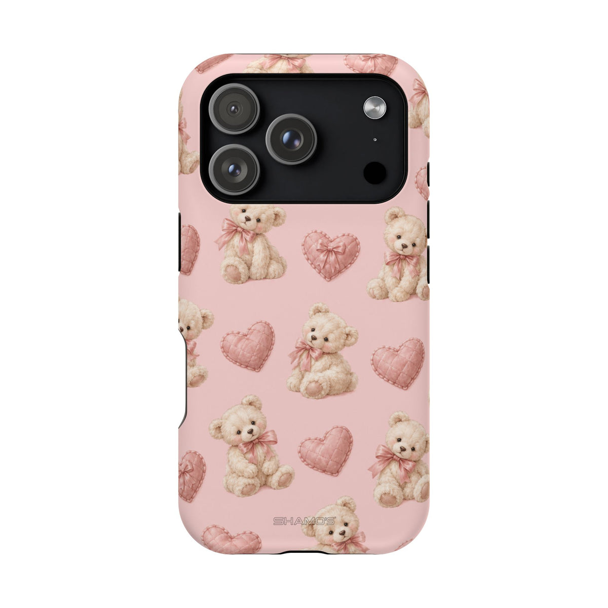 Pink Teddy Hearts Love iPhone Case, Impact-Resistant MagSafe Compatible