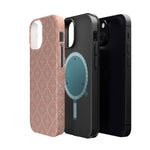 Meadow Lace – Blush Pink Lace Pattern MagSafe Phone Case, glossy diagonal dual-camera model, exploded shell and liner with magnetic ring