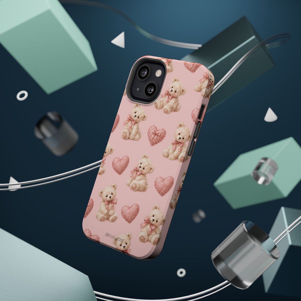 Pink Teddy Hearts Love iPhone Case, Impact-Resistant MagSafe Compatible