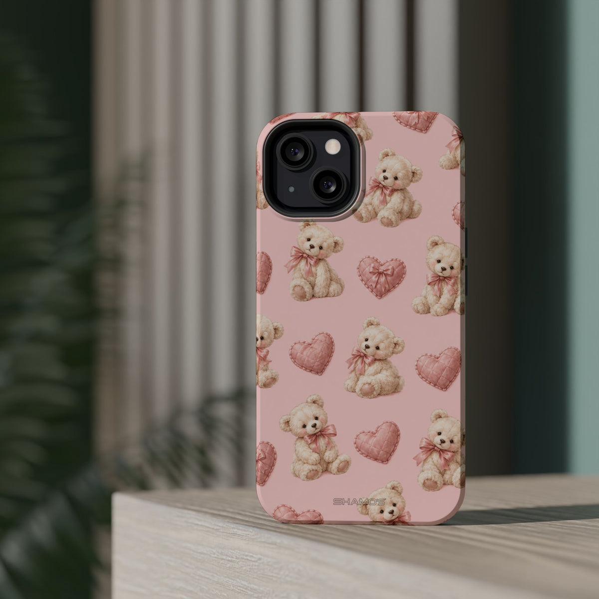 Pink Teddy Hearts Love iPhone Case, Impact-Resistant MagSafe Compatible