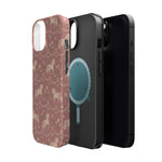 Rose Ponies MagSafe Phone Case, glossy diagonal dual-camera model, exploded shell and liner with magnetic ring