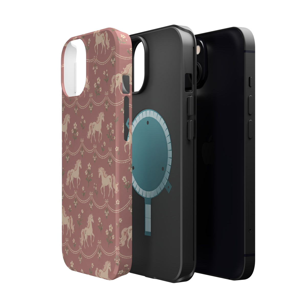 Rose Ponies MagSafe Phone Case, glossy diagonal dual-camera model, exploded shell and liner with magnetic ring