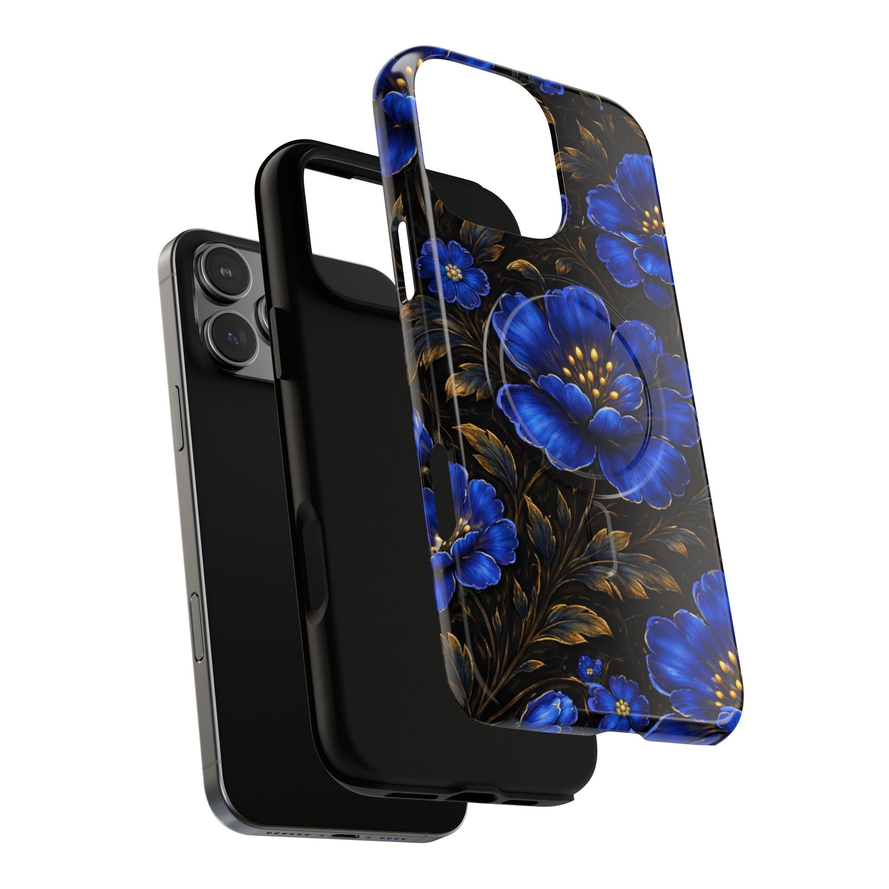 Stacked iPhone with black case and a floral phone case featuring blue flowers and gold leaves, showing variant size