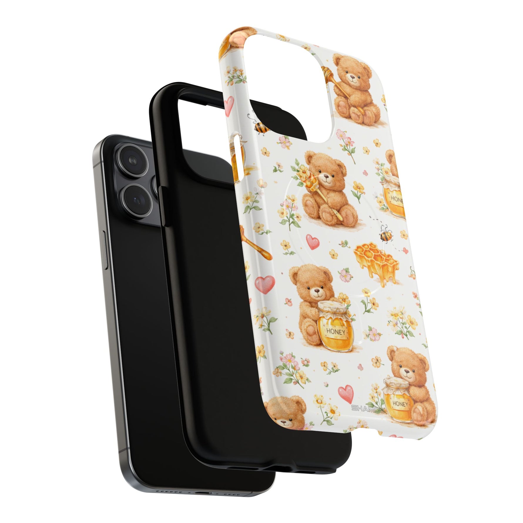 Honey Teddy Bear iPhone Case — Yellow Bee & Honey Pot Design with MagSafe