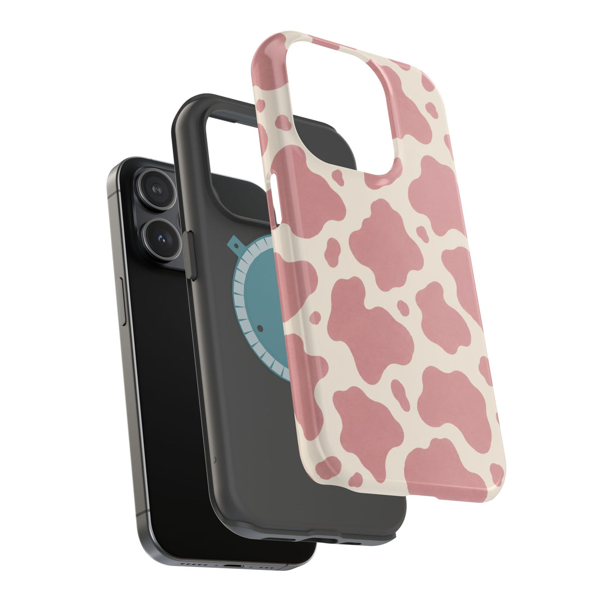 Rose Cowprint – Pink Cow Print MagSafe Phone Case, glossy square triple-camera Pro model, exploded shell and liner with magnetic ring
