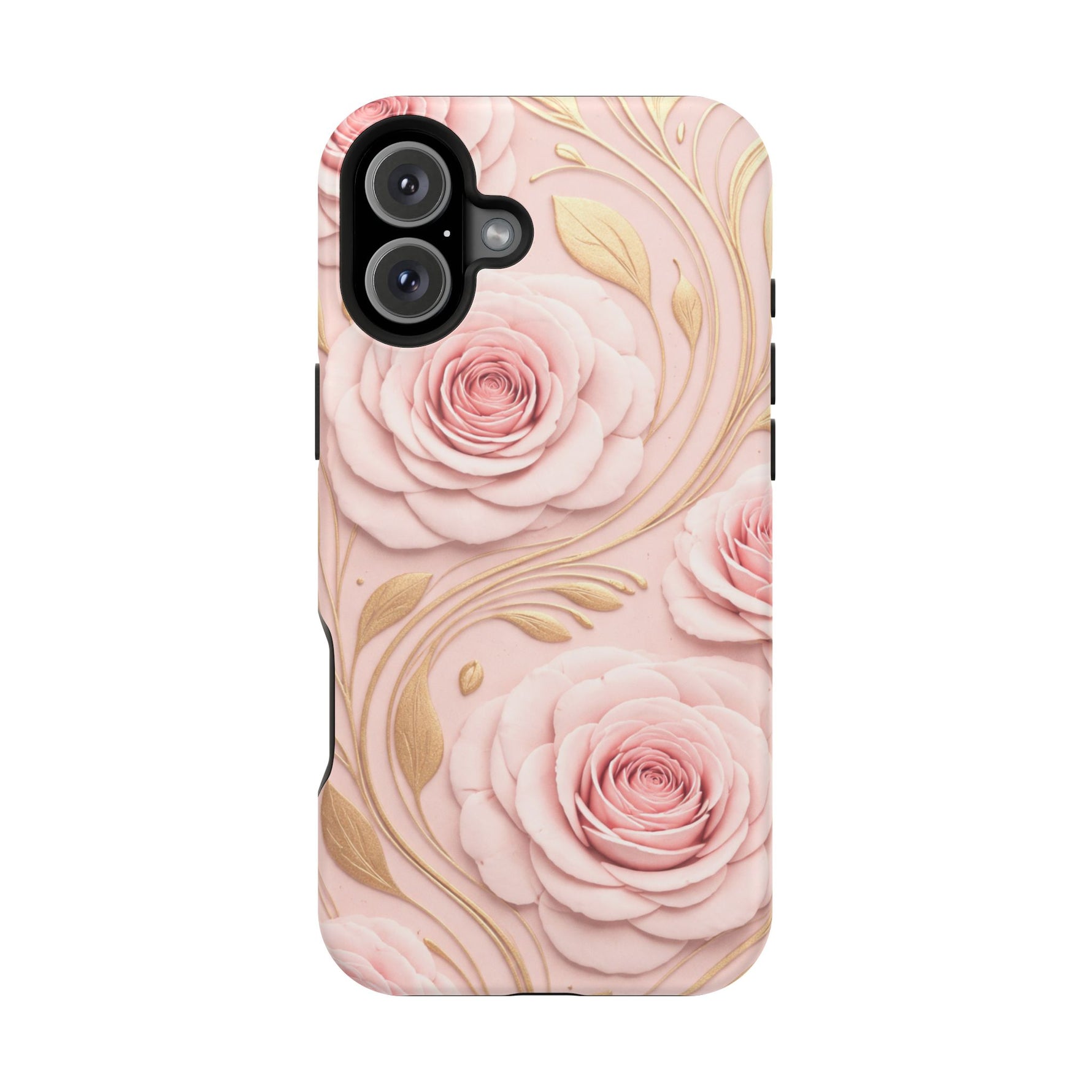 Floral Pink Rose MagSafe iPhone Case, Gold Leaf Magnetic Impact-Resistant