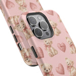 Pink Teddy Hearts Love iPhone Case, Impact-Resistant MagSafe Compatible