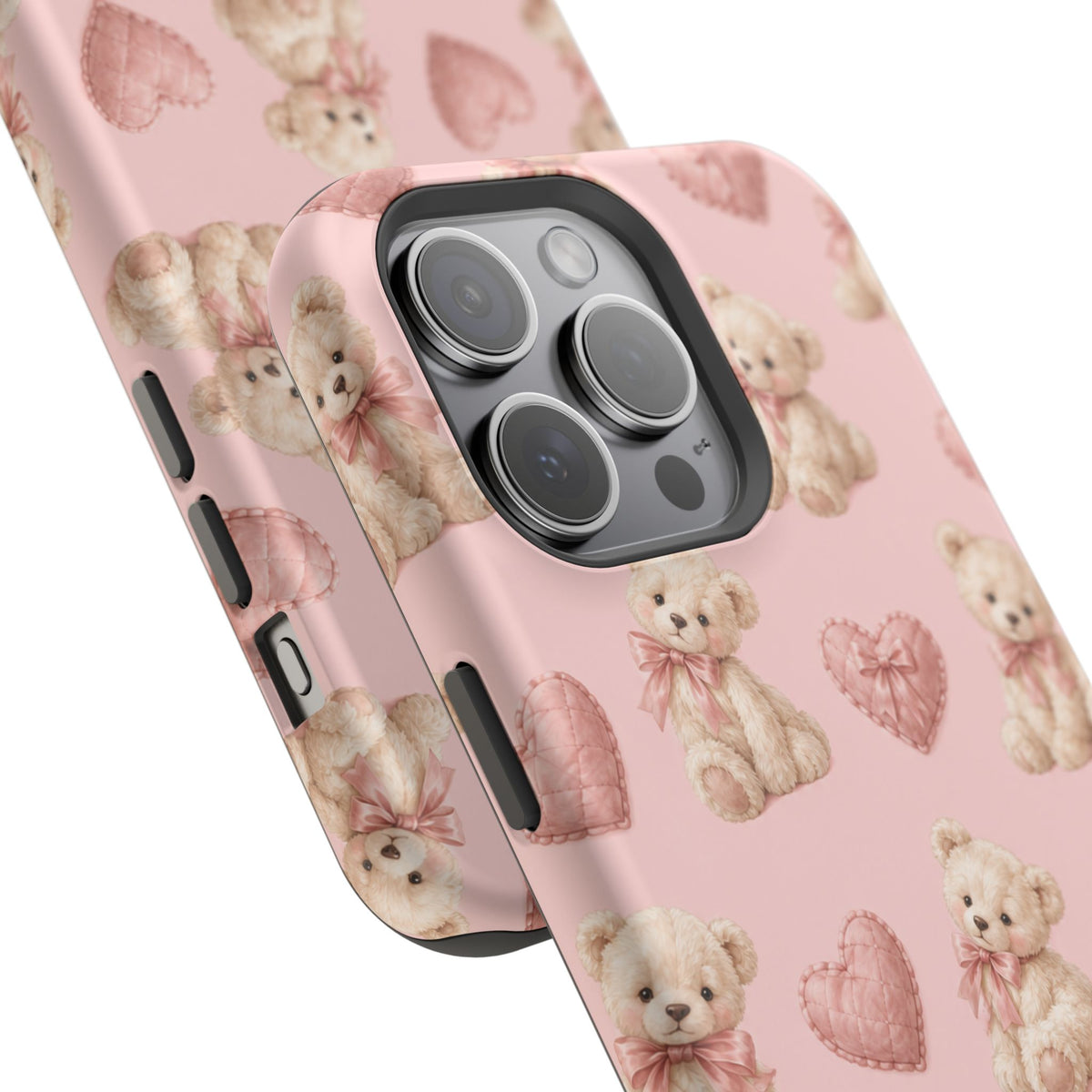 Pink Teddy Hearts Love iPhone Case, Impact-Resistant MagSafe Compatible