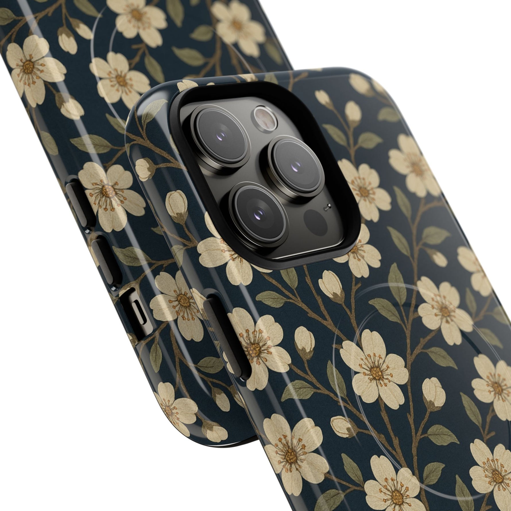 Navy Cherry Blossom Floral iPhone Case - Compatible with MagSafe - Shamo's