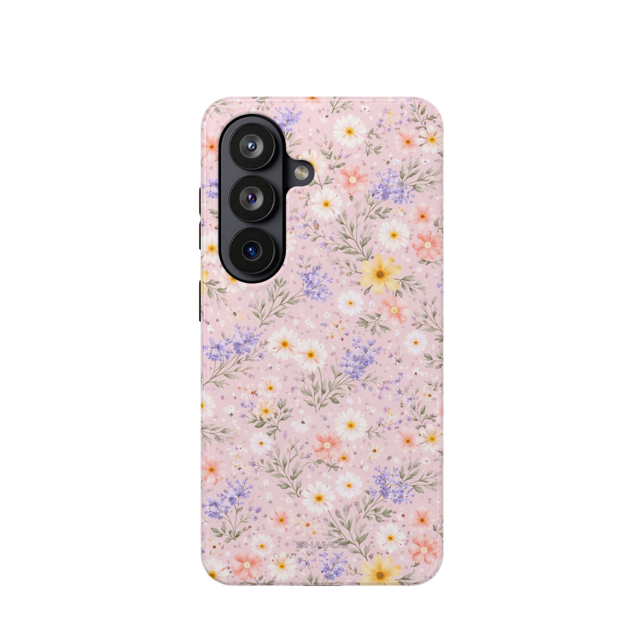 Phone case with a dense pastel pink, lavender, white, and yellow wildflower pattern