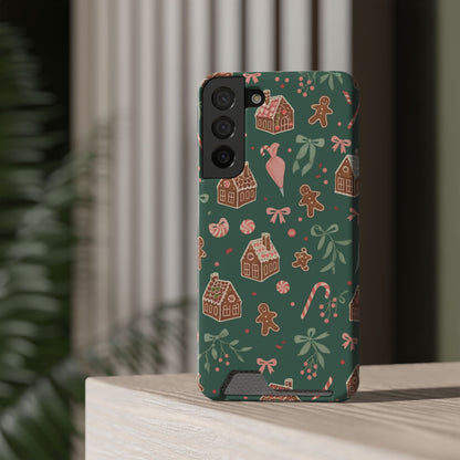 Holiday Gingerbread Phone Case with Card Holder — Festive Green Candy Cane Design