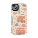 London Icons Hand-Drawn iPhone Case — Cute Double-Decker Bus & Big Ben Pattern with MagSafe compatibility  Shamo's iPhone 14 Plus / Matte
