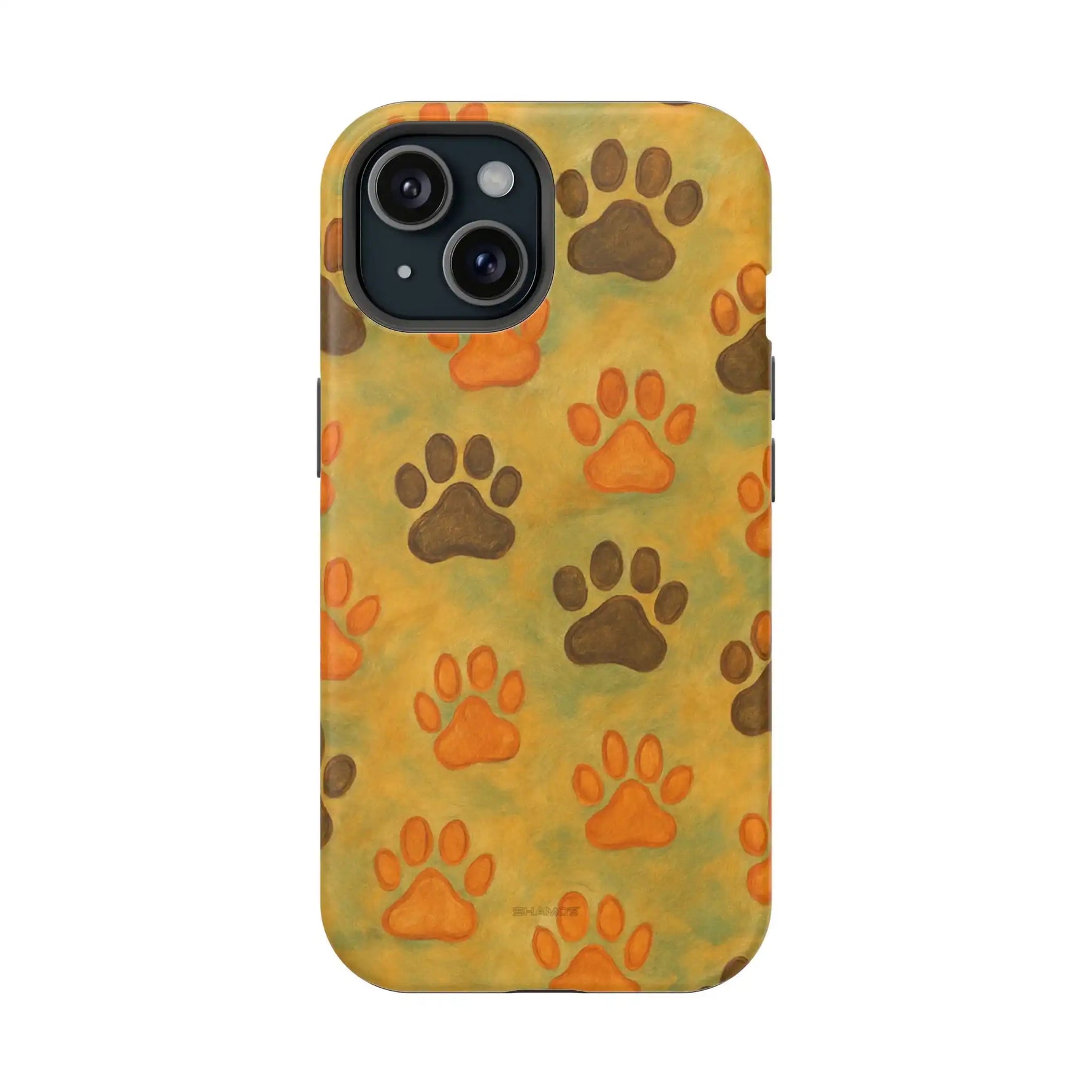 iPhone case size variant with orange and brown paw print pattern on yellow background
