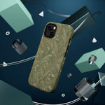 Golden Meadow – Sage Green Wildflower MagSafe Phone Case, glossy diagonal dual-camera model, rear view with magnetic accessories