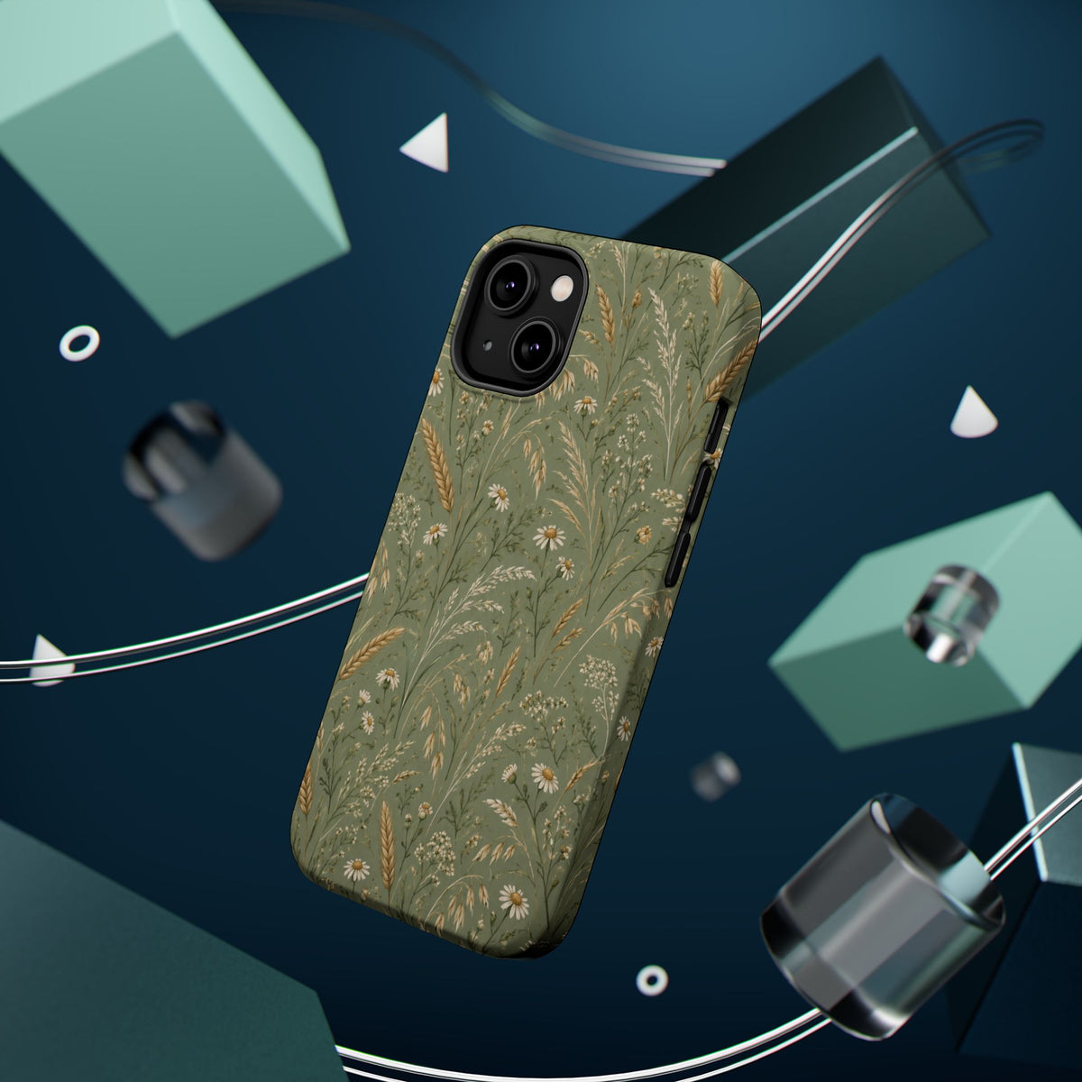 Golden Meadow – Sage Green Wildflower MagSafe Phone Case, glossy diagonal dual-camera model, rear view with magnetic accessories