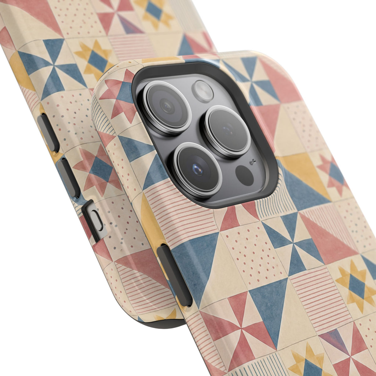Prairie Quilt – Pastel Patchwork Pattern MagSafe Phone Case, glossy square triple-camera Pro model, camera and side-button close-up