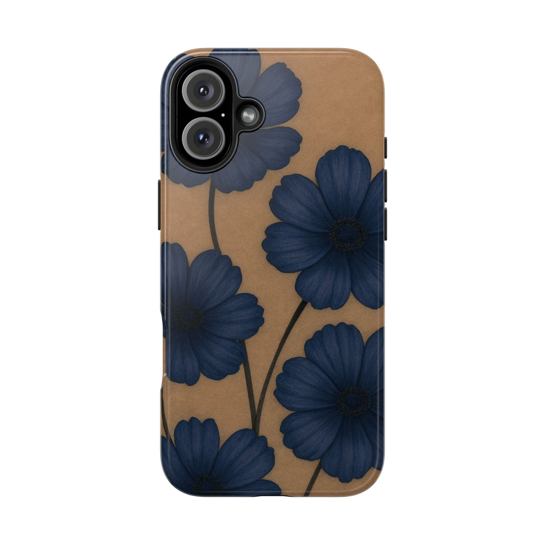 Navy Floral Tough iPhone Case — Durable Protective Case with Blue Flowers on Kraft Background  Shamo's iPhone 16 Plus