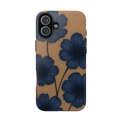 Navy Floral Tough iPhone Case — Durable Protective Case with Blue Flowers on Kraft Background