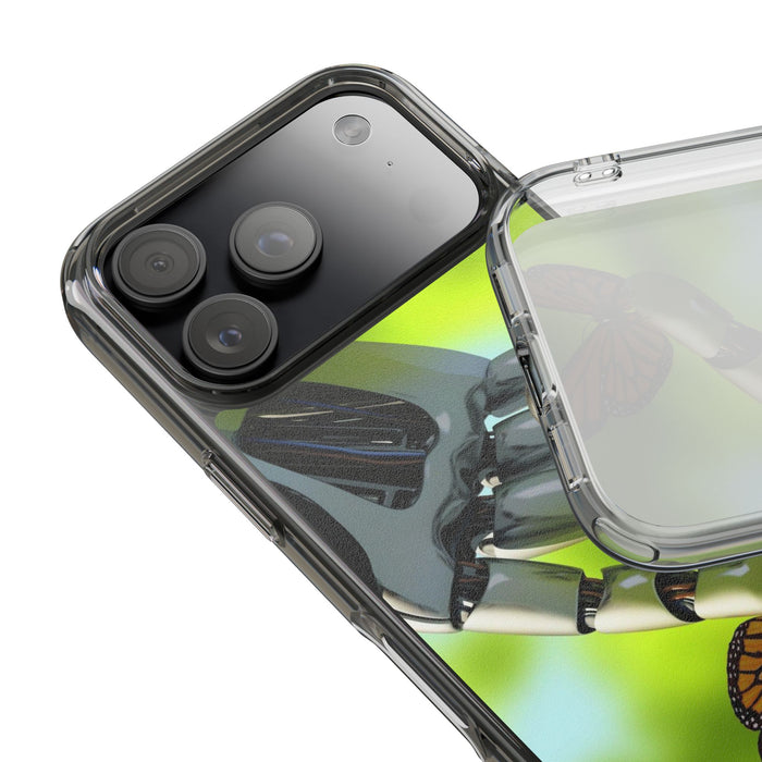 Clear Cases for iPhone 14 Series with Robotic hand and Butterfly.