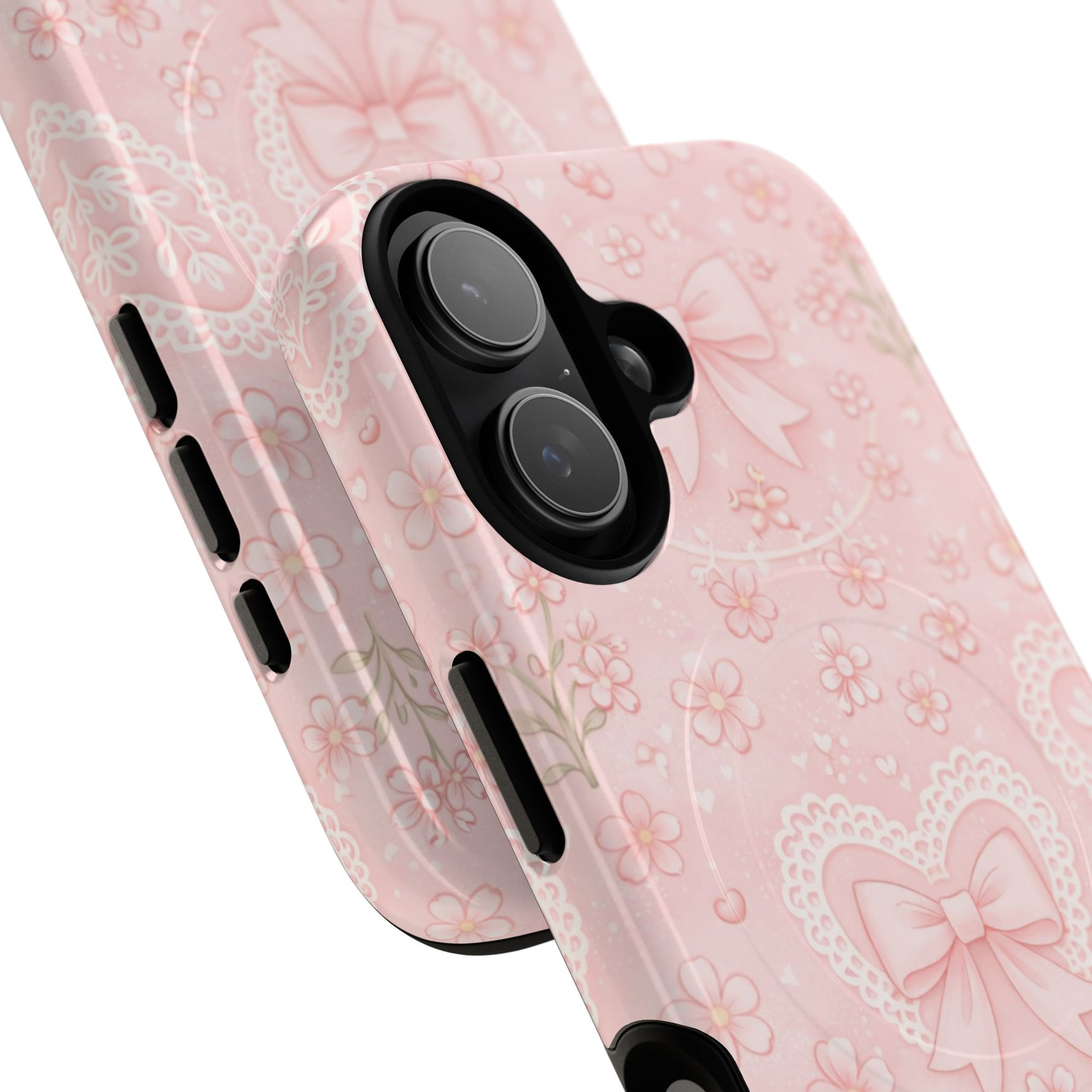 Balletcore Pink Floral Lace iPhone Case with Bow | Works with MagSafe - iPhone 17 Pro Max / Glossy - Shamo's