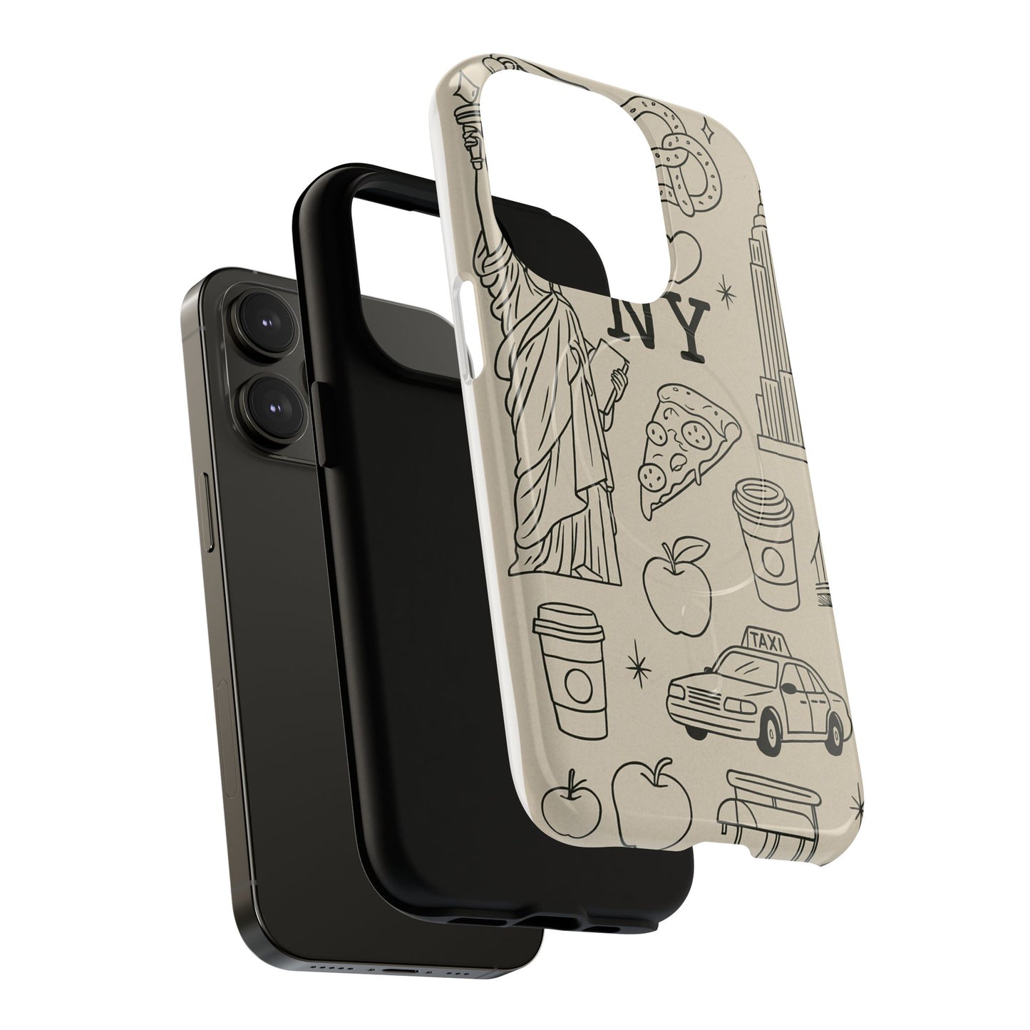 NY City Icons Tough iPhone Case — Statue of Liberty, Pizza & Taxi Pattern | Compatible with MagSafe