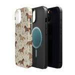 Wild Mustangs – Western Horse Pattern MagSafe Phone Case, glossy diagonal dual-camera model, exploded shell and liner with magnetic ring